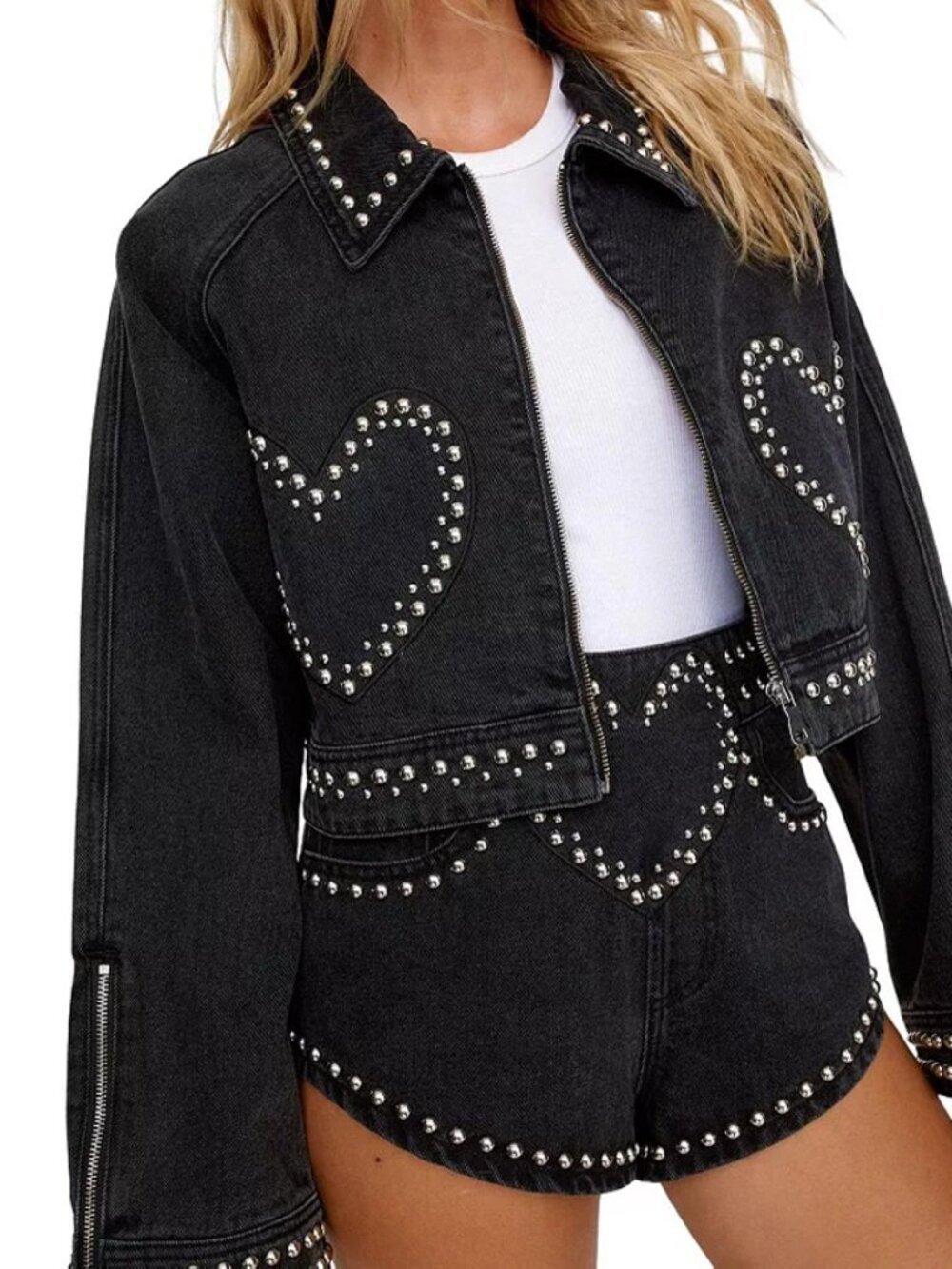 Nasty Gal Matching Set Studded Hearts Denim Jacket & Shorts NWT